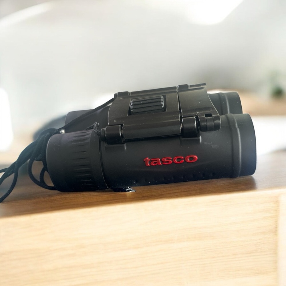 Compact Black Binoculars with Rubber Grips and Lens Covers